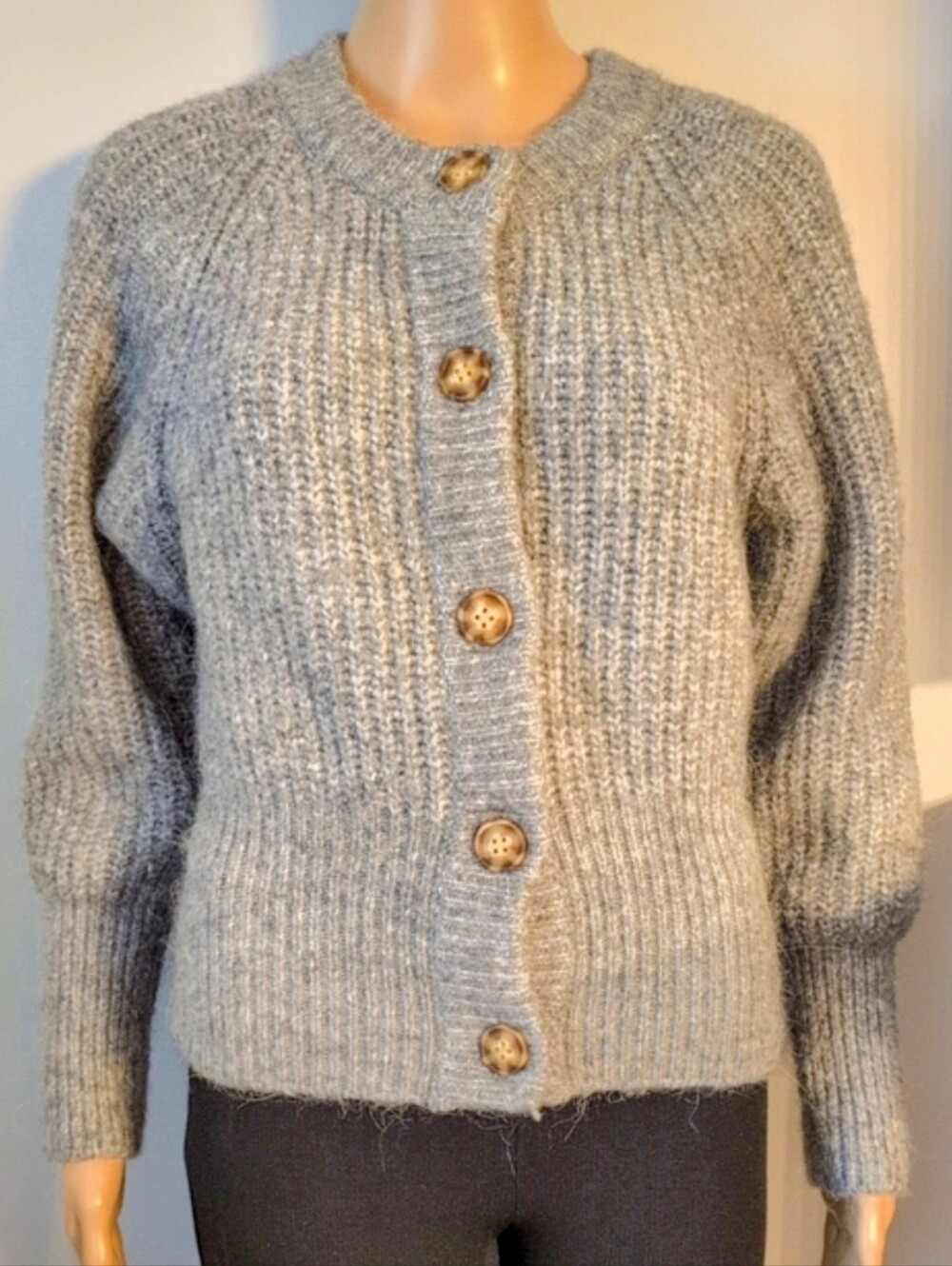 Zara Gray Alpaca Wool Textured Ribbed Knit Button Front Cardigan SZ L - Picture 4 of 16